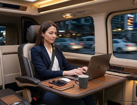 DE: Integrierte Arbeitstische und mobile Büro-Ergonomie bei VIP-Transfers