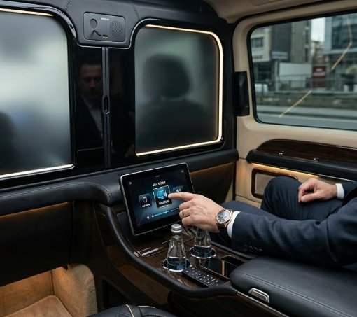 Per Knopfdruck steuerbare Trennwand und Intercom-System im VIP-Van